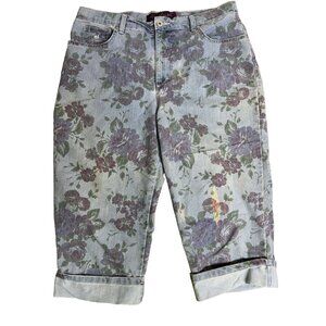 Floral Denim Capri Pants Size 14 Gloria Vanderbilt Cotton Polyester Blend Womens